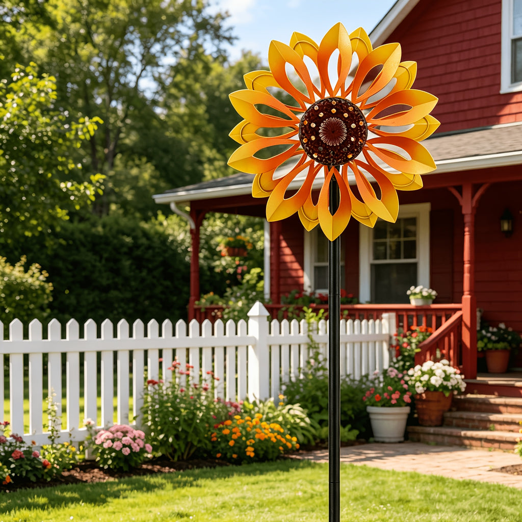 Outdoor Patio Landscape Decor, Solar Powered Metal Sunflower Wind Spinner with Night Glow Light, Collects Sun Energy During The Day And Shines After Dark, Weatherproof Kinetic Rotation Design for Garden Yard Lawn Decorative Ornament