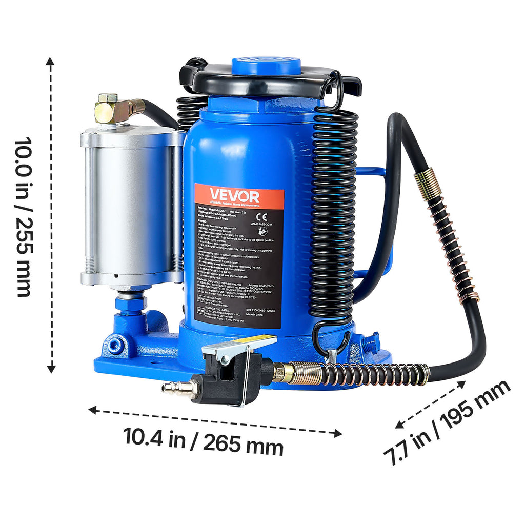 VEVOR Air Hydraulic Bottle Jack, 32 Ton (70546.9 lbs) Capacity, 10-16.3 Inch Lifting Range, Pneumatic/Manual Heavy Duty Welded Bottle Jack with Pump for Car, SUV, Pickup, Truck, RV, Auto Repair, Blue