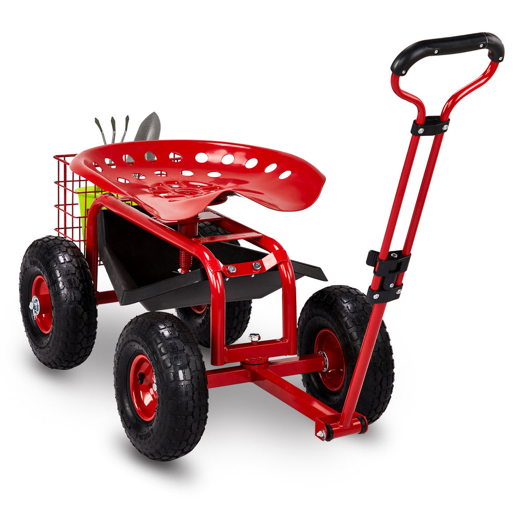 Garden Seat Cart 35.04*29.13*23.62inch, Black, Iron, with Backrest and Seat Cushion, Telescopic Handle, for Courtyard, Outdoor, Easy Planting, Gardening Tools, Garden