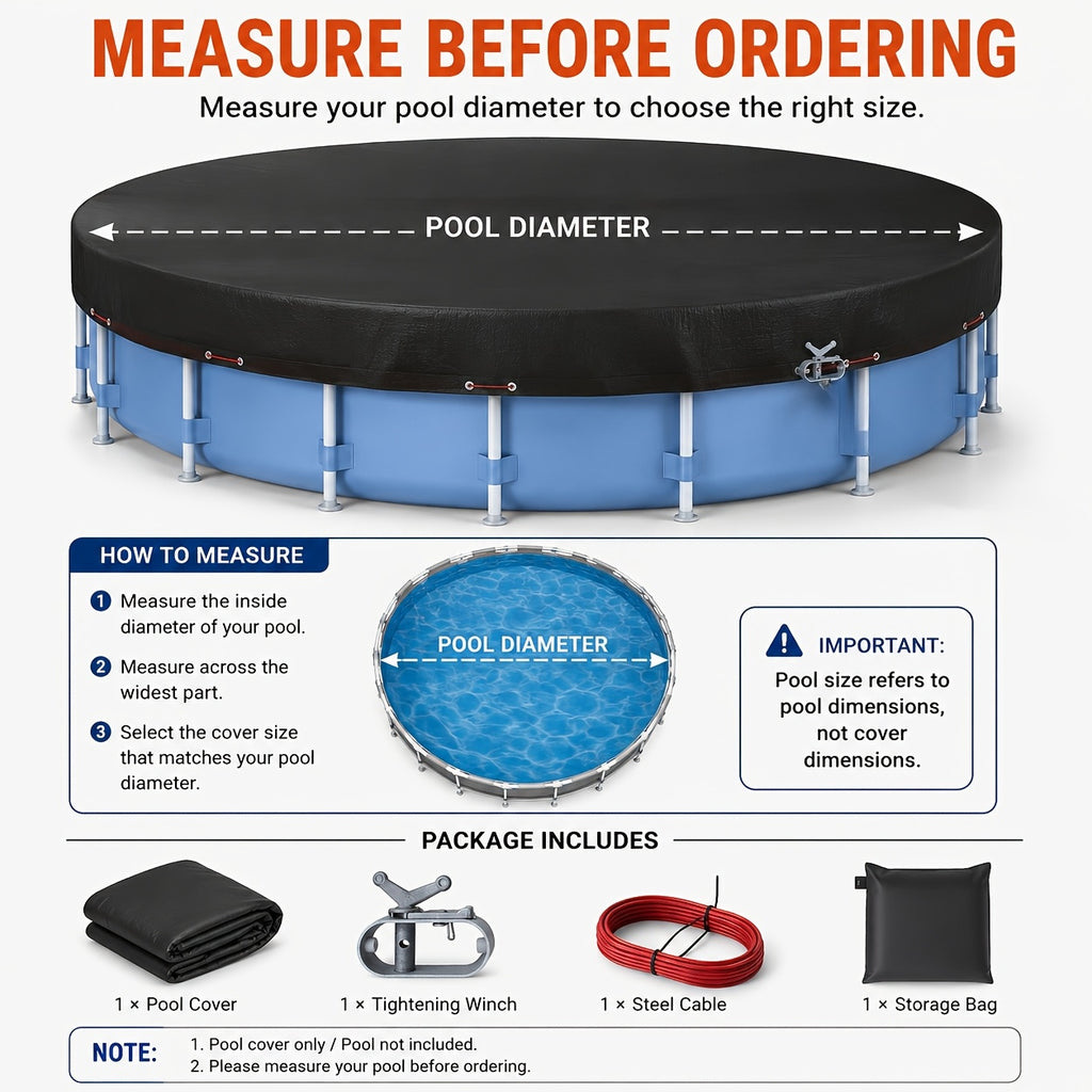 18ft Round Pool Cover for Above Ground Swimming Pools, Black Heavy Duty Outdoor Pool Cover with Steel Cord, Waterproof Dustproof Pool Protector for Inflatable & Frame Pools, Backyard Pool Accessories