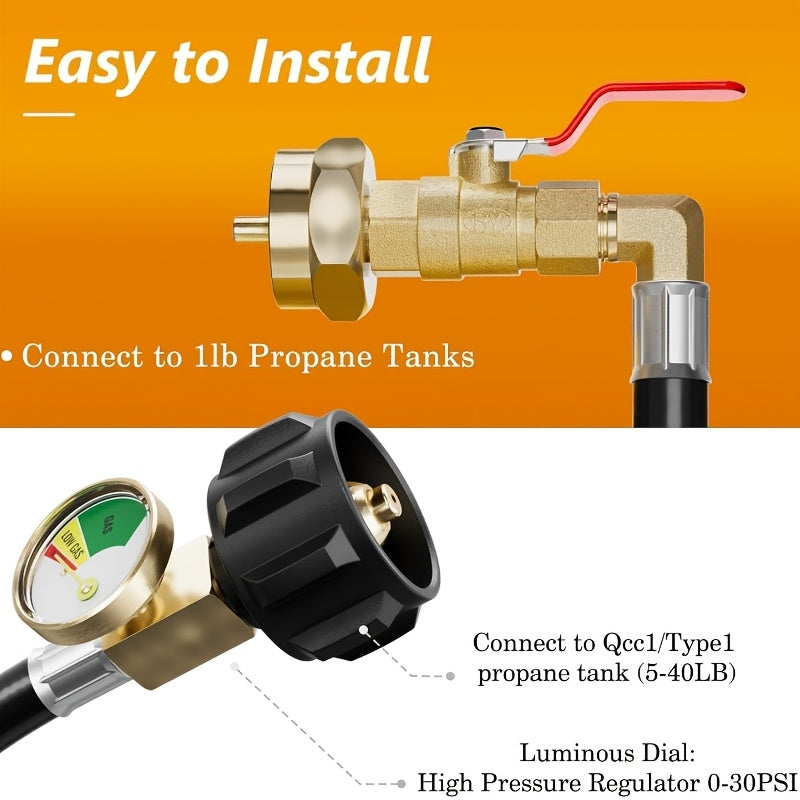 4ft/48'' Propane Refill Adapter Hose with Gauge Propane Tank Refill Adapter Extension Hose for 1LB Propane Gas Tanks with ON/Off Control Valve 1lb Propane Tank Refill Adapter Kit with Safety Shutoff Valve Easily Fill 1lb Bottles from 20lb Tank