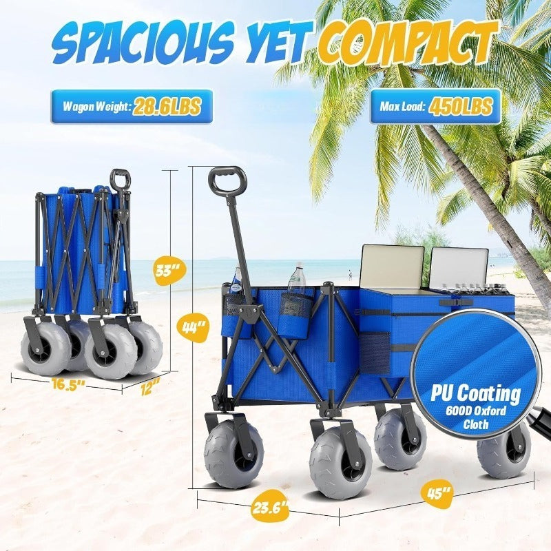 [Beach Cart & Wagon] Heavy-Duty Large Wheel Beach Cart & Transport Wagon with 450 lbs Capacity, 68.68gal Capacity, 9-Inch All-Terrain Tires, Foldable Design, Adjustable Handlebar & Storage Bag & Cooler - Sturdy Multi-Layer Carbon Steel Frame, Reinforced P