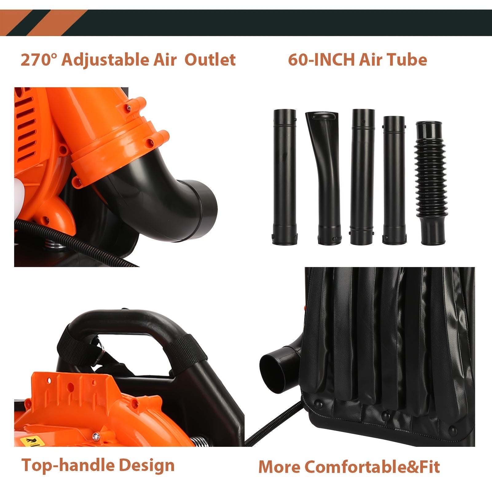70.92 "x 17.73" X 17.73" Air-cooled Two-stroke Gas Engine, Backpack Style Blade Blower, High-power Two-stroke Strong Wind ABS Garden Backpack Style Snow Blower (orange)
