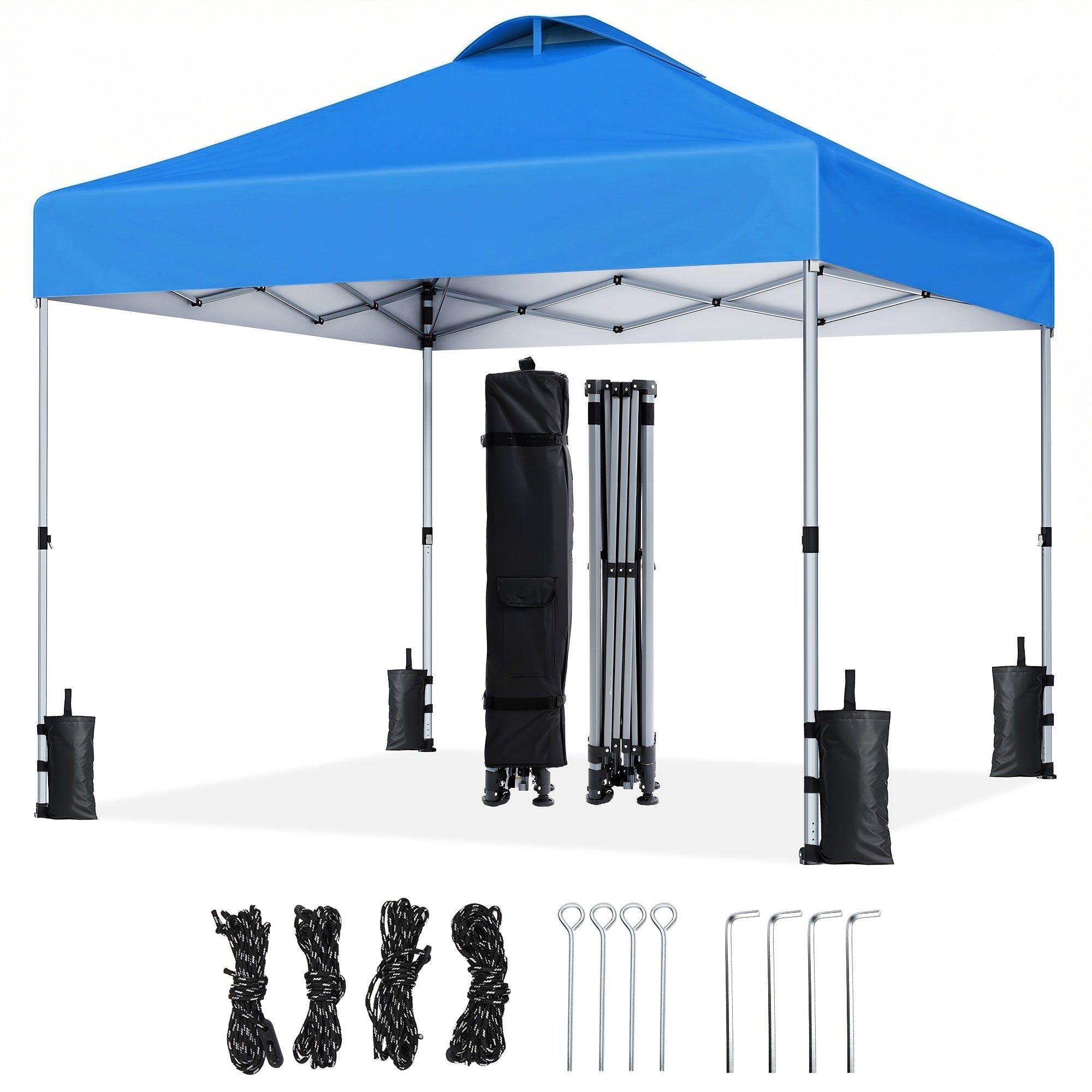 A 10X10Ft Gazebo That Is a Portable Outdoor Shelter Featuring One-Step Assembly, Adjustable Height, And Comes with a Storage Bag, Eight Ground Pegs, And Four Sandbags. It Has an Easy-To-Install Canopy, Making It Ideal for Beach Trips, Camping