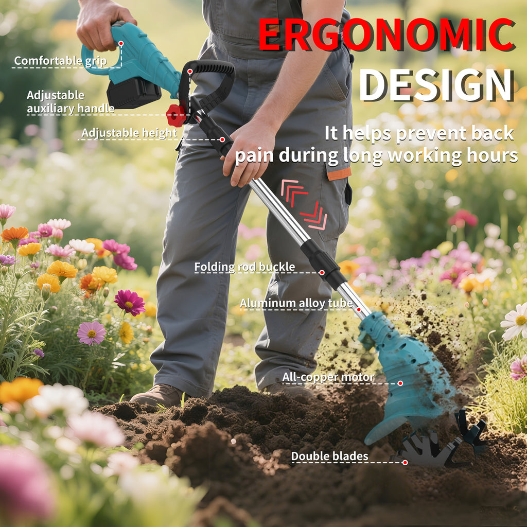 Cordless Electric Tiller And Garden Scarifier, Cordless Tiller 270 RPM Lightweight, Portable with 2 X 3.0Ah Batteries And Charger, Durable Metal Structure Landscape Maintenance, Compact Design, Long-Lasting Performance