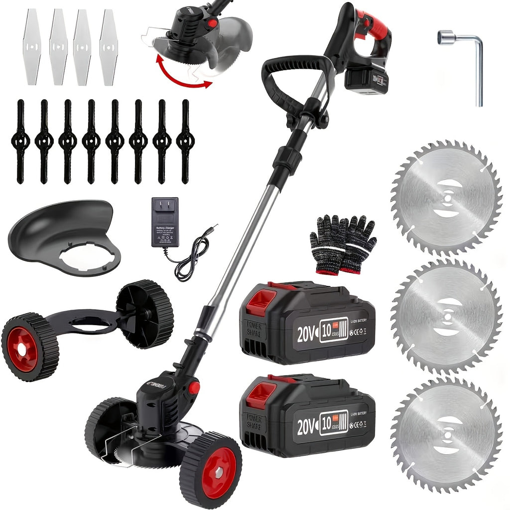 [Father's Day] Portable Cordless Electric Lawn Mower, 3-in-1 Trimmer Edger Shrub Cutter W/ Adjustable Height & Rotating Head 3 Blades & 2 High-Capacity Lithium Batteries, Lightweight Powerful Yard Tool for Garden Patio, Gift for Dad Husband Men Perfect