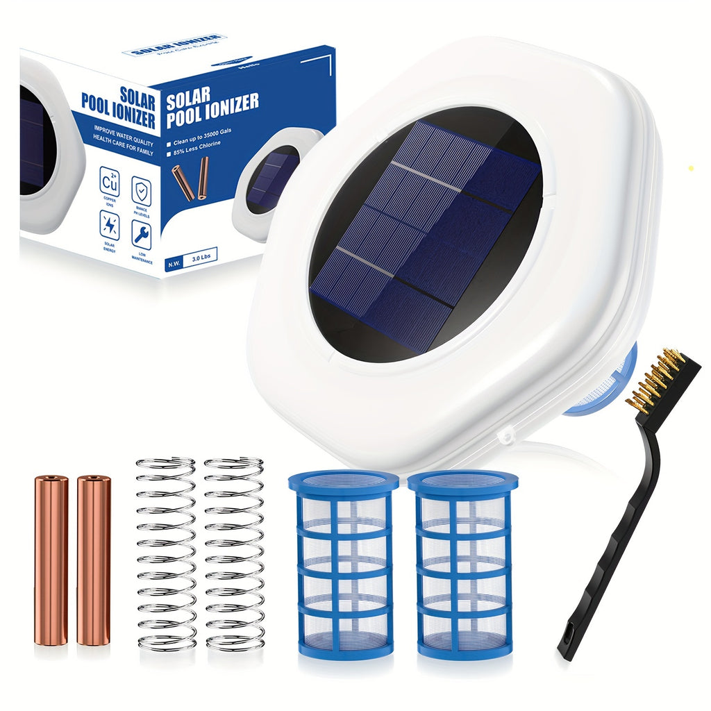 Solar Pool Ionizer, 85% Less Chlorine, Floating Water Cleaner, High Efficiency, 2 Copper Rods, 2 Mesh Basket, 2 Cathodes, Compatible with Fresh And Salt Water Pools & Spa, Spa Maintenance, Water Purification, Floating Cleaner, Solarpowered Design, Copper