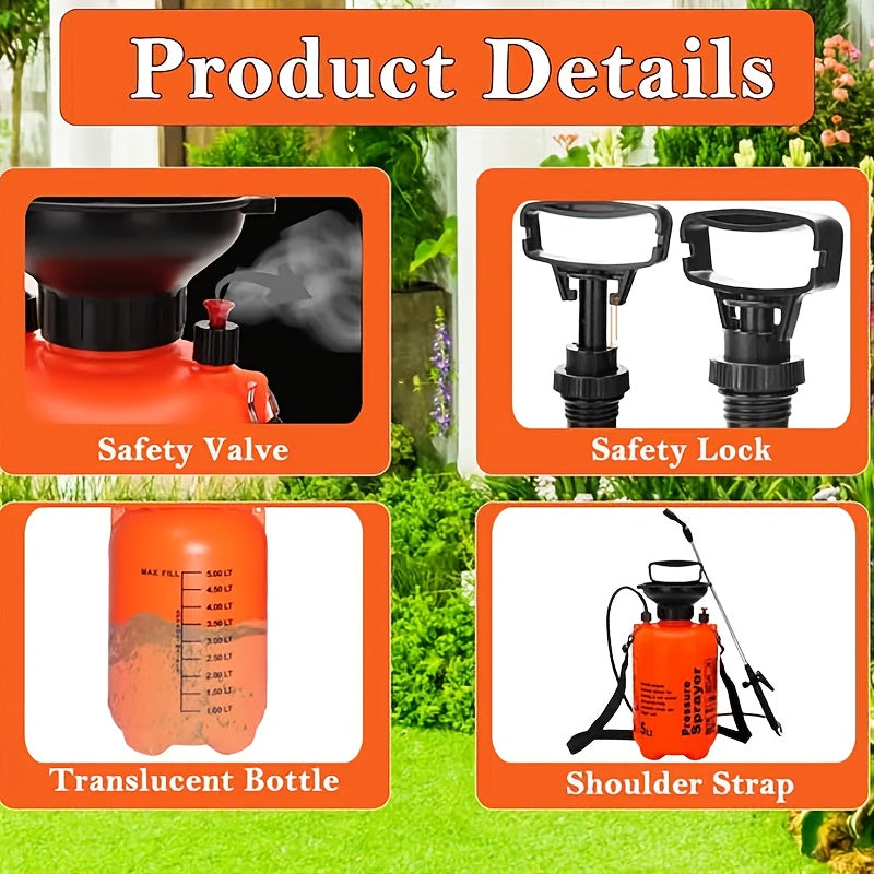 Heavy-Duty Manual Garden Sprayer with Hand Pump - Leakproof Pressure Sprayer, Adjustable Nozzle for Lawn Care, Weed Control, Plant Watering, Cleaning - Portable with Sturdy Handle - No Electricity Needed (1.3 Gal/5L) - Ideal for Home & Commercial Use, Dur