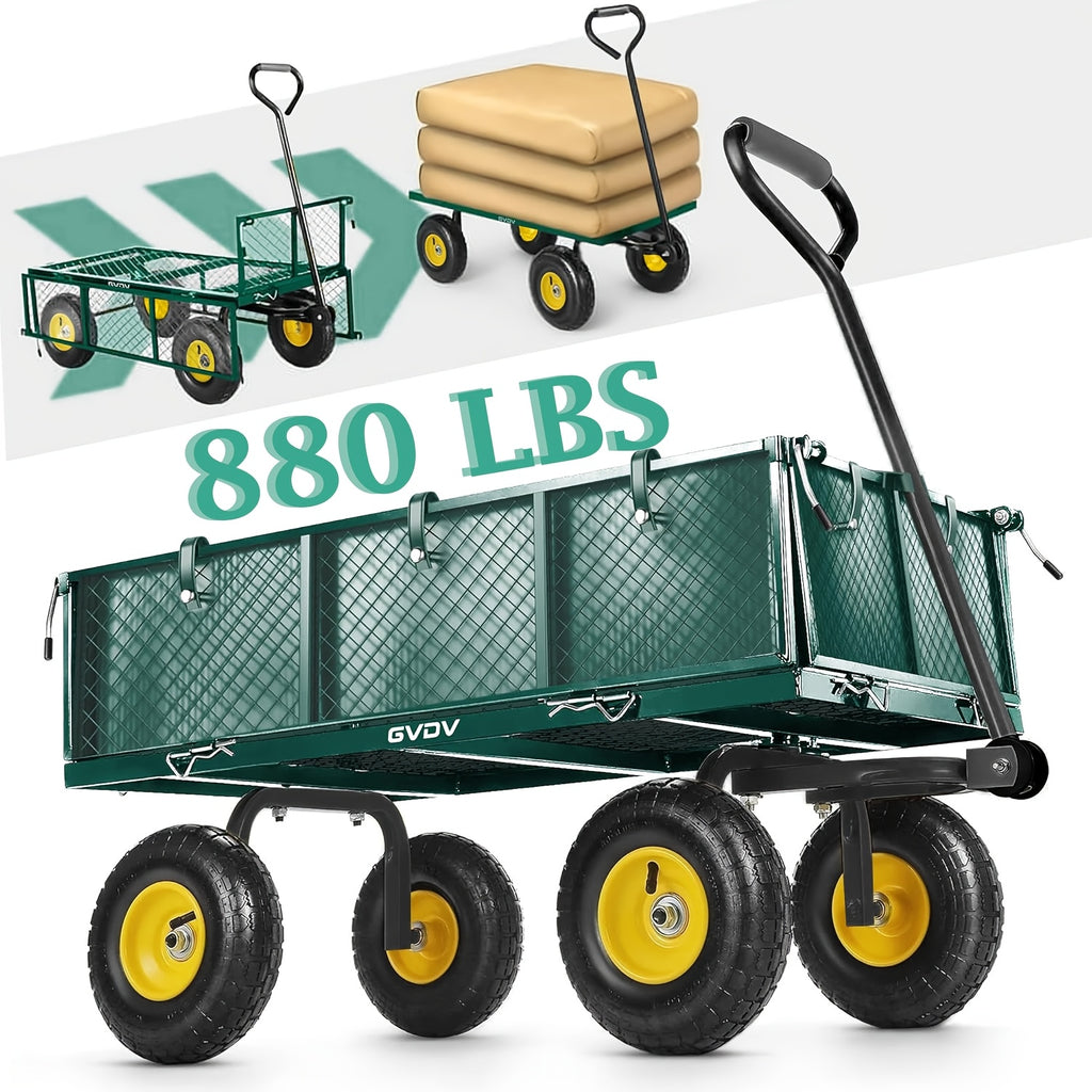 [800LBS Heavy Duty Garden Cart] GVDV Garden Cart with With Wheels, Removable Mesh Sides & 180° Rotating Handle - Dump Wagon for Yard/Garden/Beach, 10" All-Terrain Wheels,