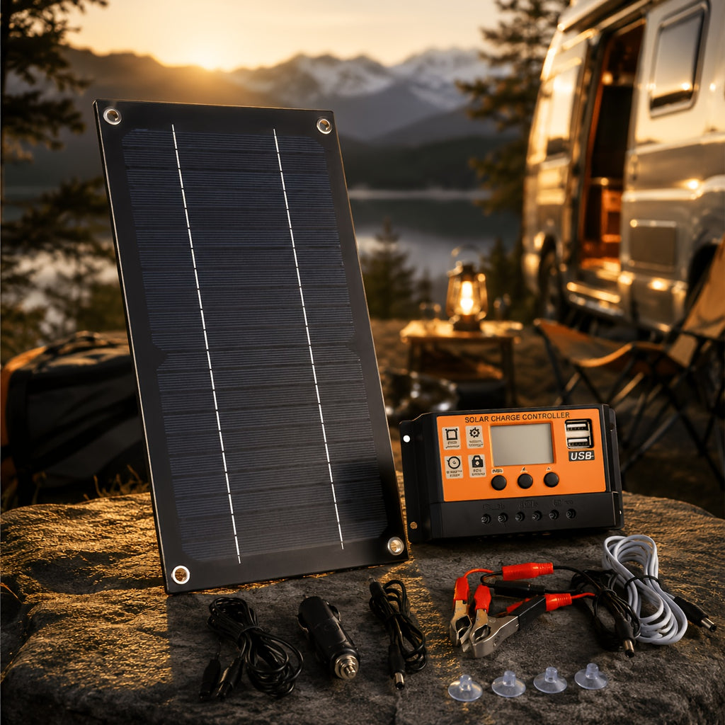 [Solar Panel Kit] Solar Panel Kit With 100A Charge Controller, Monocrystalline Silicon Solar Battery Charger With Extension Cable, Battery Clip, Suction Cups, 18V Solar Charger For RV, Camper, Van, Boat, Camping, Outdoor Travel, Farm, Garden, Emergency Po
