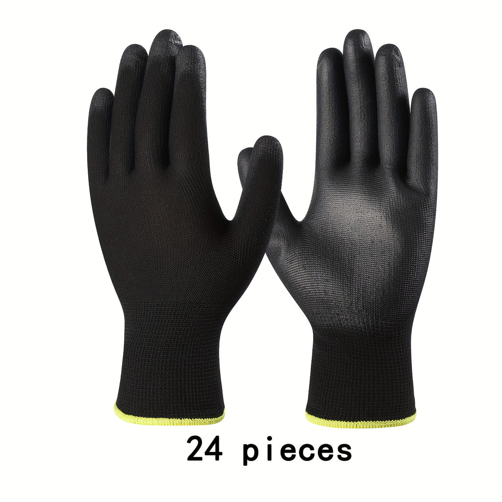 24pcs/12 pairs of black nylon gloves, palm anti slip PU coating - lightweight and durable, lead-free, suitable for lawn care and outdoor use, strong protection, reusable