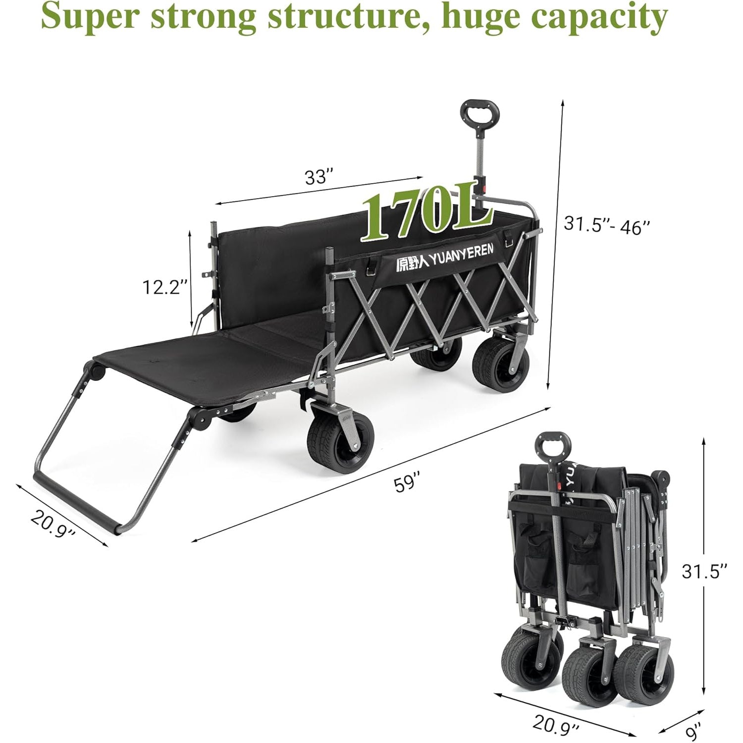 Large Capacity Collapsible Wagon with Opened Tailgate, 500lbs Pulled and Pushed Heavy Duty Folding Wagon Carts, 59" Extra Long Extender Wagons, All-Terrain Big Wheels for Shopping, Sports, Camping