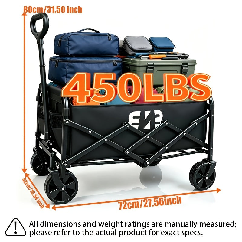Quiet All-Terrain Folding Multifunctional Shopping Cart, Large Storage Capacity, One-Button Folding for Easy Storage, Black Oxford Fabric with Side Cup Holders, Ideal for Camping, Outings, Gardening, And Heavy-Duty Grocery Hauling