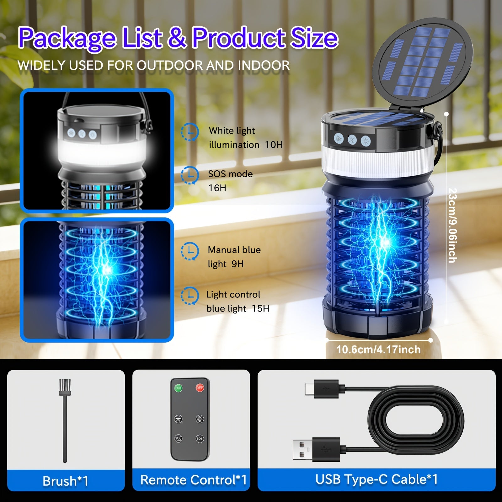Solar Bug Zapper with Remote Control, Dual Solar Panels & 4000mAh Battery, Auto UV Sensor, IP65 Portable Electric Insect Trap for Home, Yard, Camping & Outdoor, 9.06 × 4.17 × 4.17 Inch