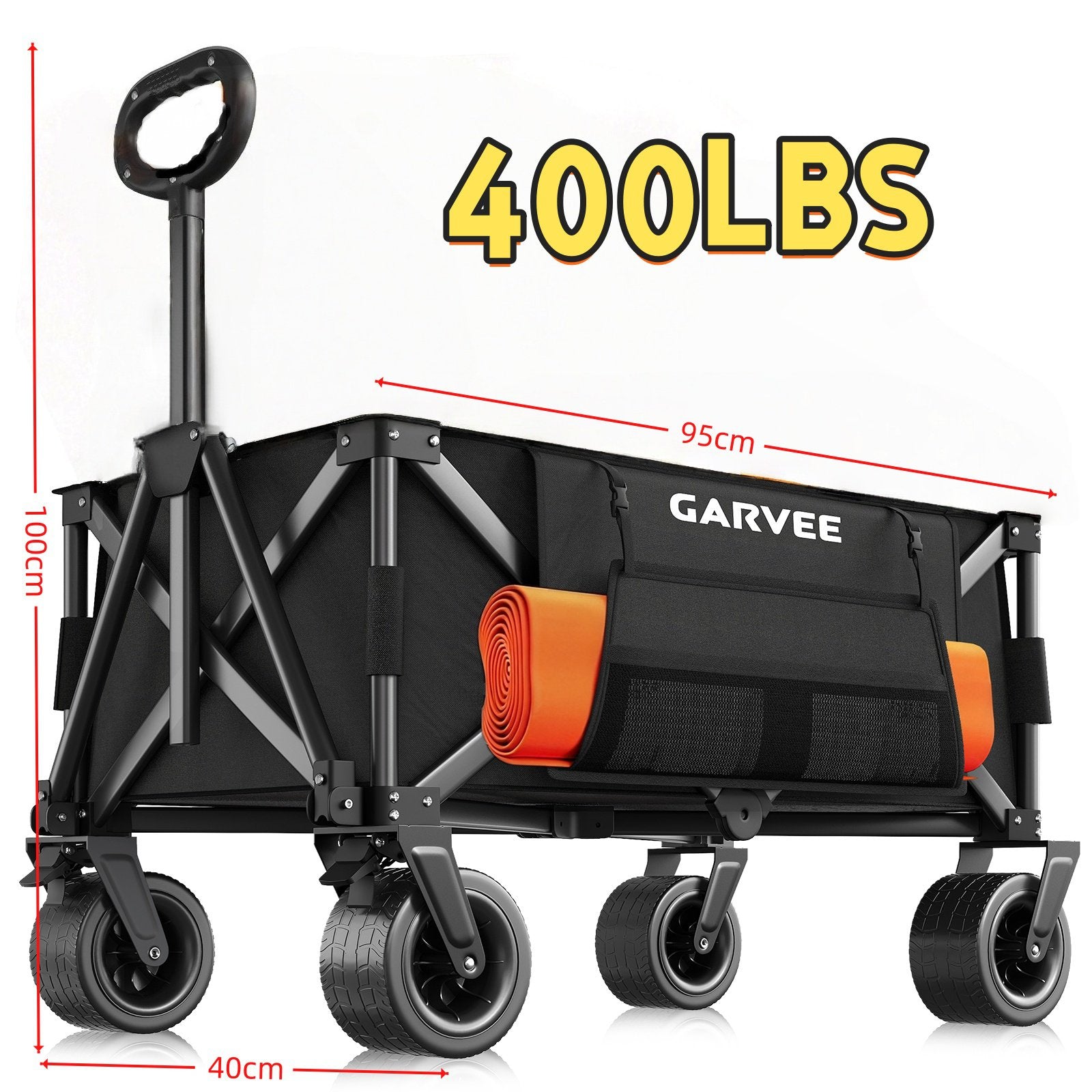 A Black Heavy-Duty Folding Cart, with a 400-Pound Load Capacity, 260-Liter Foldable Multifunctional Cart, Equipped with All-Terrain Wheels, a Cup Holder, a Storage Cover, And Elastic Cords, Perfect for Camping, Grocery Shopping, Shopping, And Sports