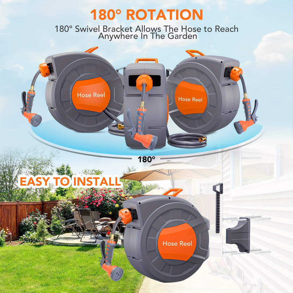 1pc EUKER Automatic Garden Hose Reel with 9-Function Sprayer, 180° Swivel, Automatic Rewind & Slow Return System, 100ft/28+2m Length, 1/2" Hose, 1/2" Hose Reel