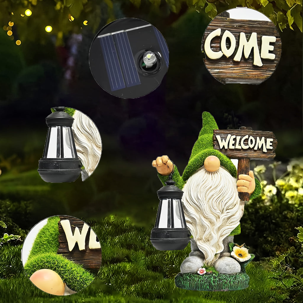 [Solar Gnome Decor] Large Flocked Resin Garden Gnome Statue | Outdoor Decor with Solar Light Holding Lantern Welcome Sign, Dwarf Sculpture for Yard, Patio, Porch, Lawn - Halloween & Christmas Decorations