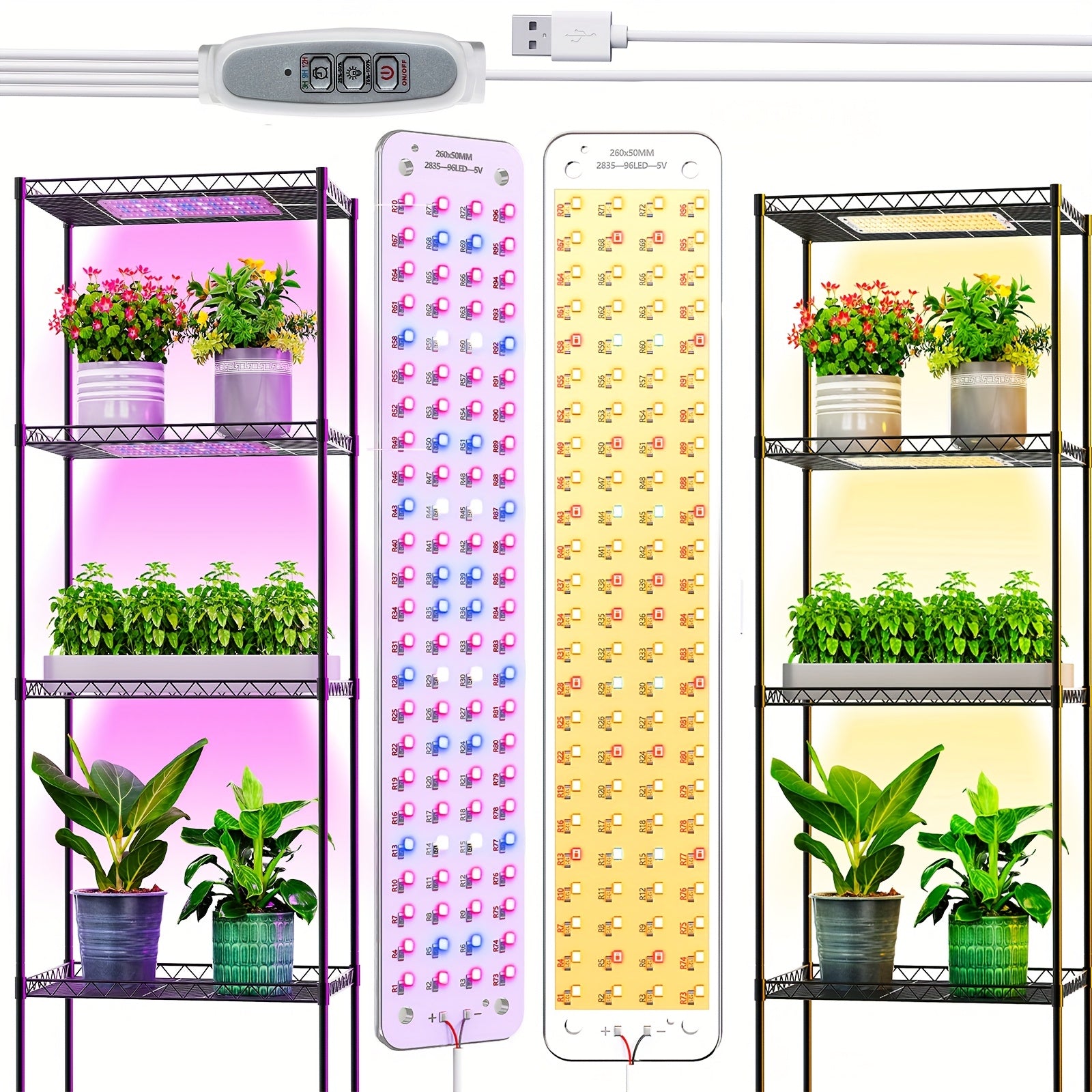 Grow Lights for Indoor Plants, Full Spectrum Ultra-Thin Sunlike Light Grow Light Panel with 3/6/12H Auto On/Off Timer for Hydroponics, Seedlings, Succulents, Veg, Flowers & Etc, Easy to Assemble, 4/2pcs Max Light Output: 210 Lumens