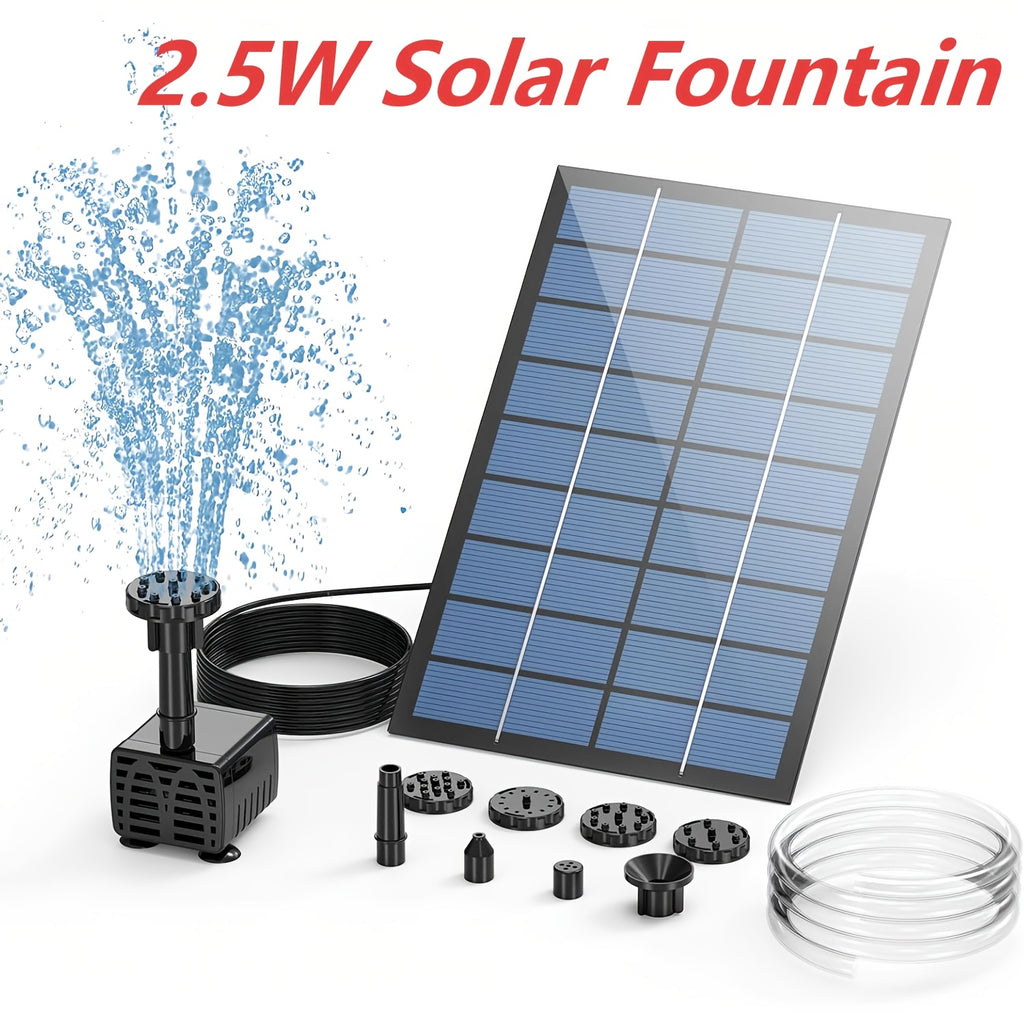 2.5W Solar Fountain Pump - Outdoor Water Fountain with 6 Nozzles And 4Ft Pipe, Solar-Powered for Bird Bath, Ponds And Garden