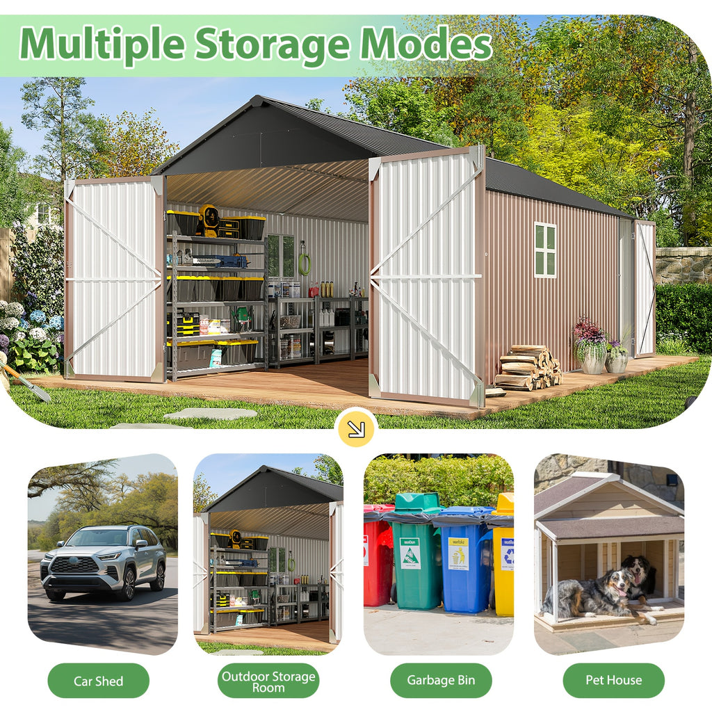12x20x9.3/12x14/6x4ft Metal Storage Shed - Outdoor Garden Shed Kit, Lockable Tool Shed, Backyard Shed with Double Hinged Doors, 4 Windows, Carport for Car, Truck, Bike and Lawn Mower & Equipment, Brown