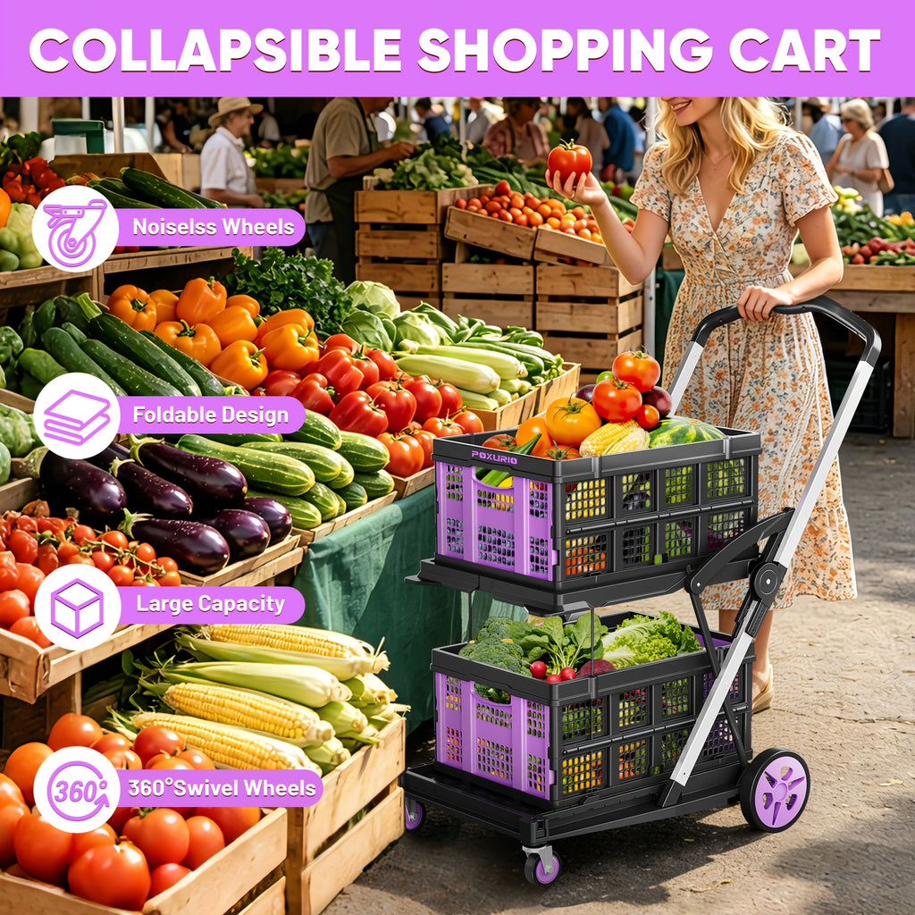 Portable Collapsible Shopping Cart with Wheels, 210LBS Heavy Duty Grocery Cart with Two Storage Crate, Agricultural Cart, High-Capacity Utility Cart, 360° Swivel Wheels, for Shopping, Picnic, Office Farm, Garden, Yard And Agricultural Use