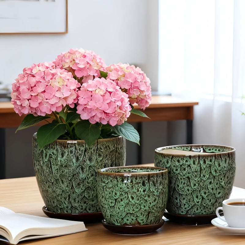 3pcs Bohemian Iridescent High-Temp Ceramic Planters - Small/Medium/ Oval Pots Suitable for Succulents, /Outdoor Pottery with Polished, Modern & Traditional Plant Vases