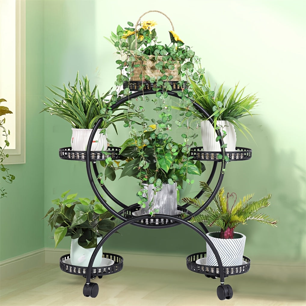 Six-Tiered Black Metal Plant Stand Garden Cart with Wheels for Displaying Flower Pots, Ideal for Home, Patio, Porch, And Balcony Decoration