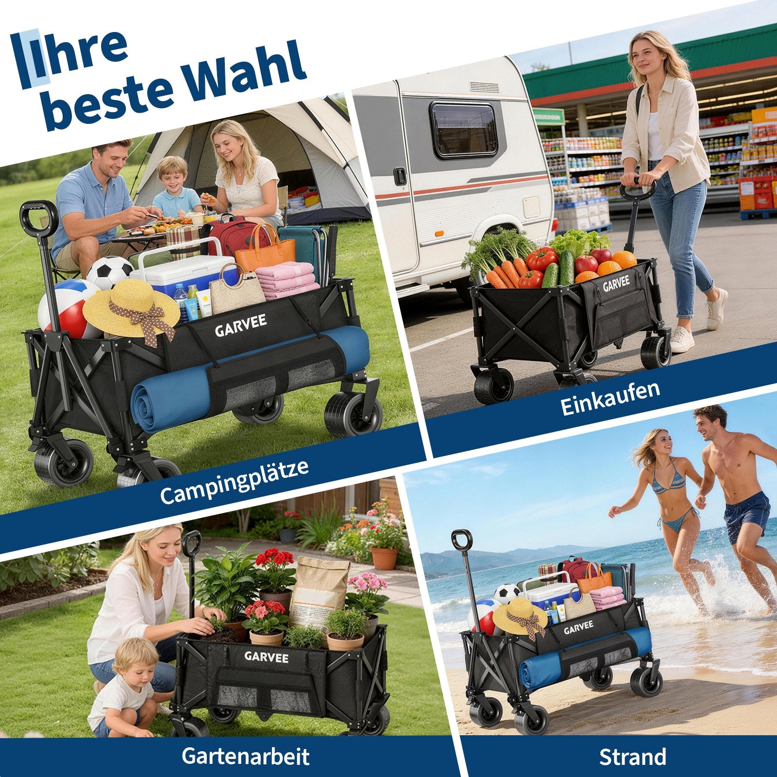 A Black Heavy-Duty Folding Cart, with a 400-Pound Load Capacity, 260-Liter Foldable Multifunctional Cart, Equipped with All-Terrain Wheels, a Cup Holder, a Storage Cover, And Elastic Cords, Perfect for Camping, Grocery Shopping, Shopping, And Sports