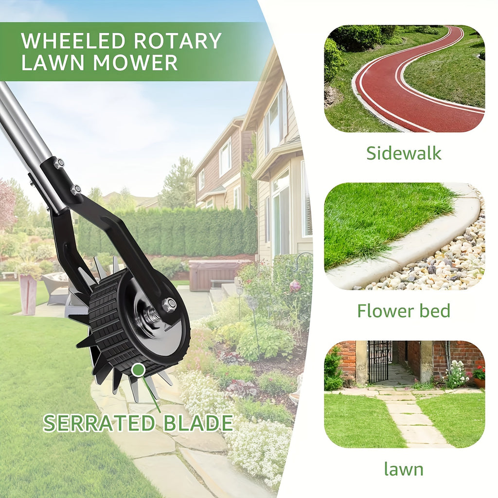 The Sakerplus Wheeled Lawn Trimmer - Features a 3/4 Stainless Steel Handle - And Is Designed for Manual Use - As a Rotary Lawn Edger - It Is Ideal for Yard Weeding And Sidewalk Trimming