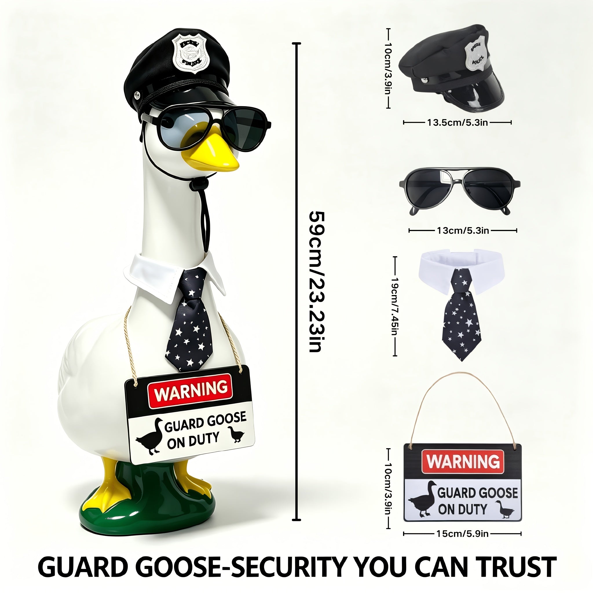4 Pieces23 Inch Porch Goose Outfit Police Guard Costume With Hat Fashion Glasses Tie Warning Sign, Funny Security Themed Lawn Goose Clothes For 23 Inch Large Garden Goose Statue, Yard Porch Decor Gift (Goose Not Included)