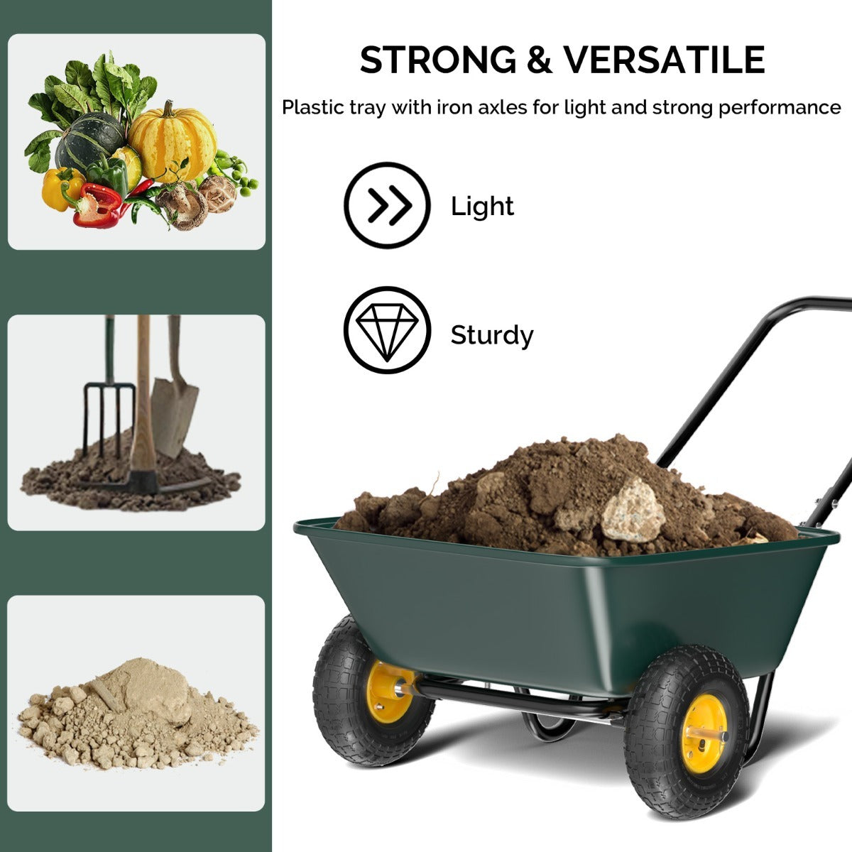 BONNLO Heavy-Duty 300LBS -Terrain Utility Cart with Single-Direction Wheels & Tailer - Portable Poly Dump Wagon Suitable for Garden, Farm, Grocery,, Lawn Care - Multiuse Vehicle for Cargo Transport