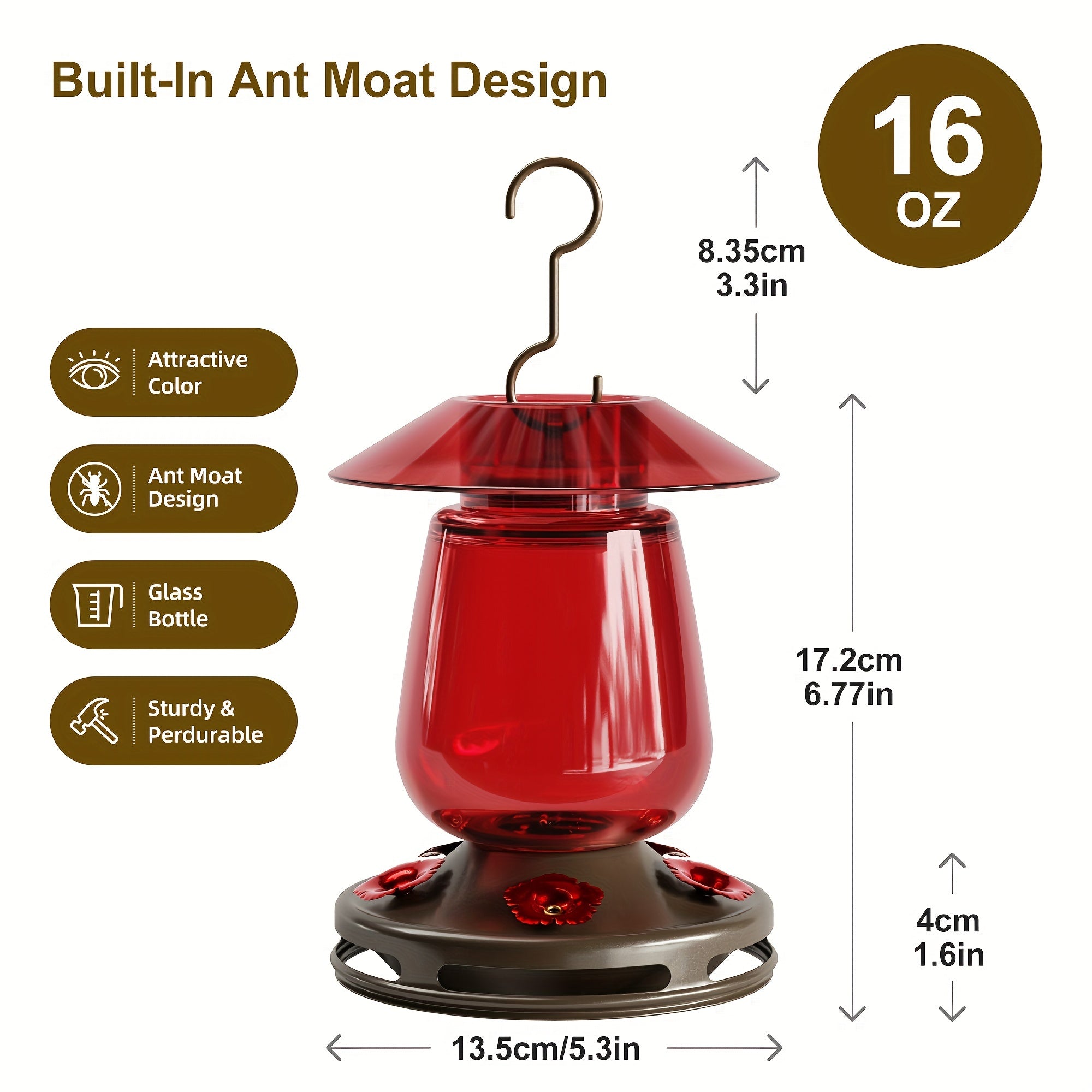 Auslar 16 Ounce Red Glass Hummingbird Feeder, Outdoor Hanging Barn Lantern Shape With 5 Flower Feeding Ports & Built-in Ant Moat, Rustproof & Leakproof - Garden Yard Decor Essential, Perfect Valentine'S Day & Mother'S Day Gift