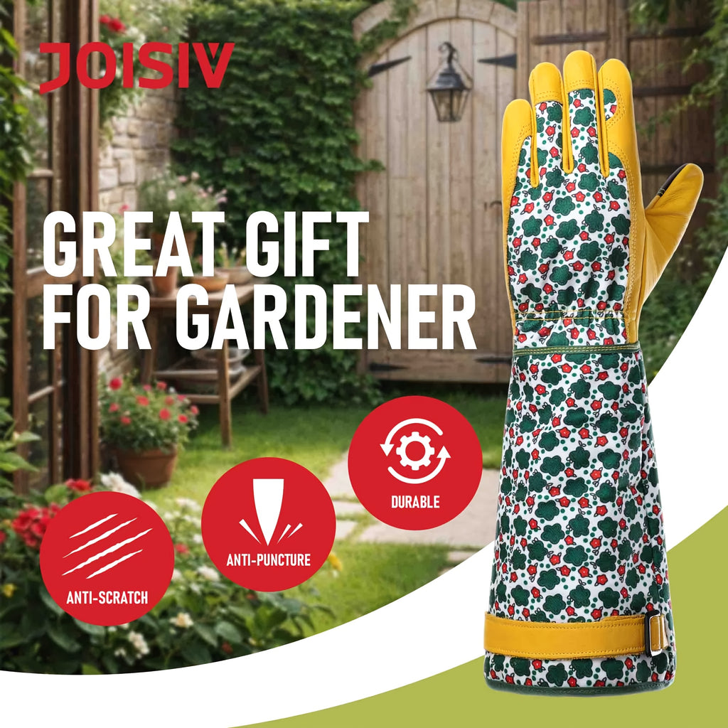 JOISIV Durable And Comfortable Women's Long Gardening Gloves, Green Print And Breathable Gauntlet Rose Gloves, Thorn Proof for Yard And Garden Work, A Pair