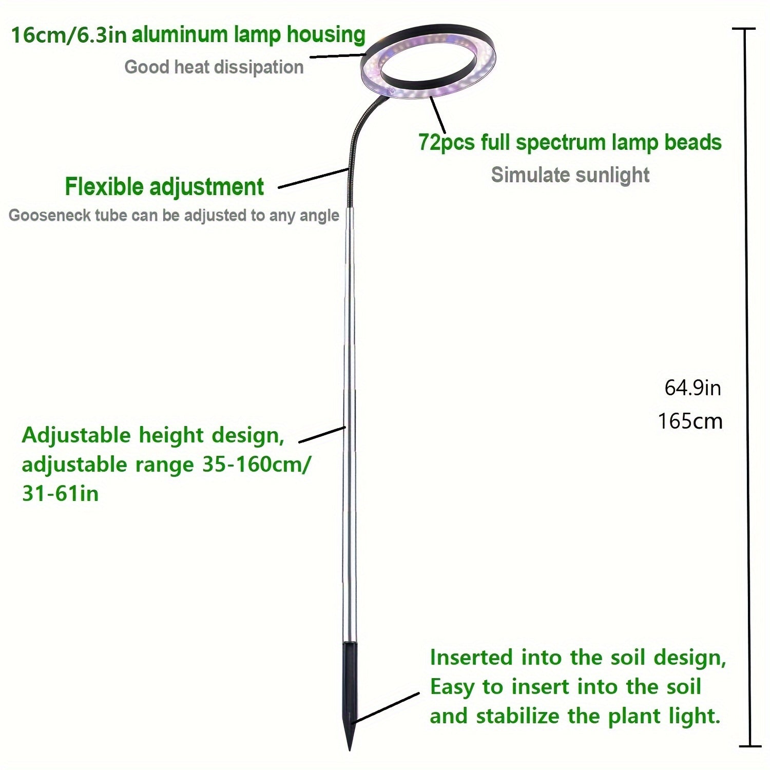 IGROWSLA 72 LED Full Spectrum Indoor Plant Grow Light, Adjustable Brightness, 3/9/12H Timer, 11.81-62.99inch Height, Ideal for Large Potted Plants, Painted Finish, USB Powered, No Battery Included