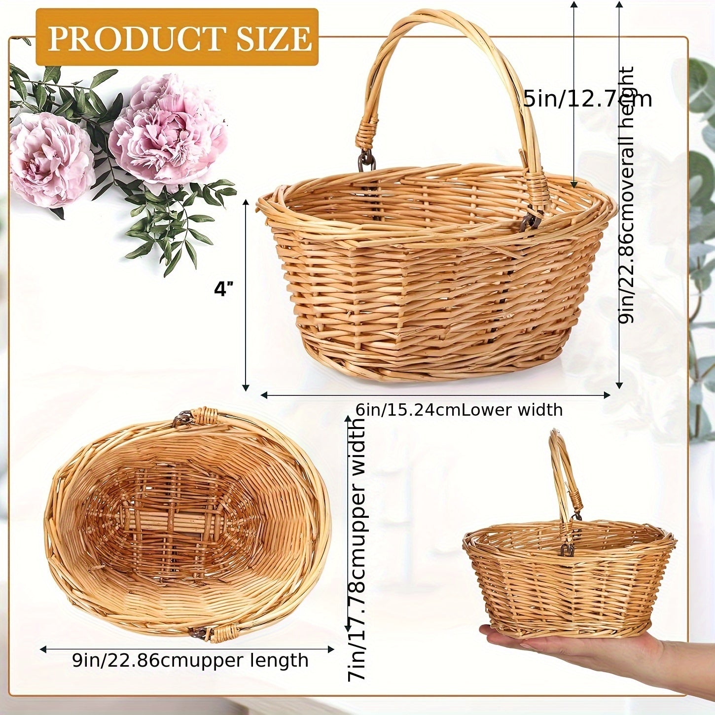 6pcs Small Picnic Basket with Handle Flower Girl Baskets Oval Willow Woven Braided Gift Basket for Weddings Baby Shower Summer Home Garden Decor(9" X 7" X 4",Khaki)
