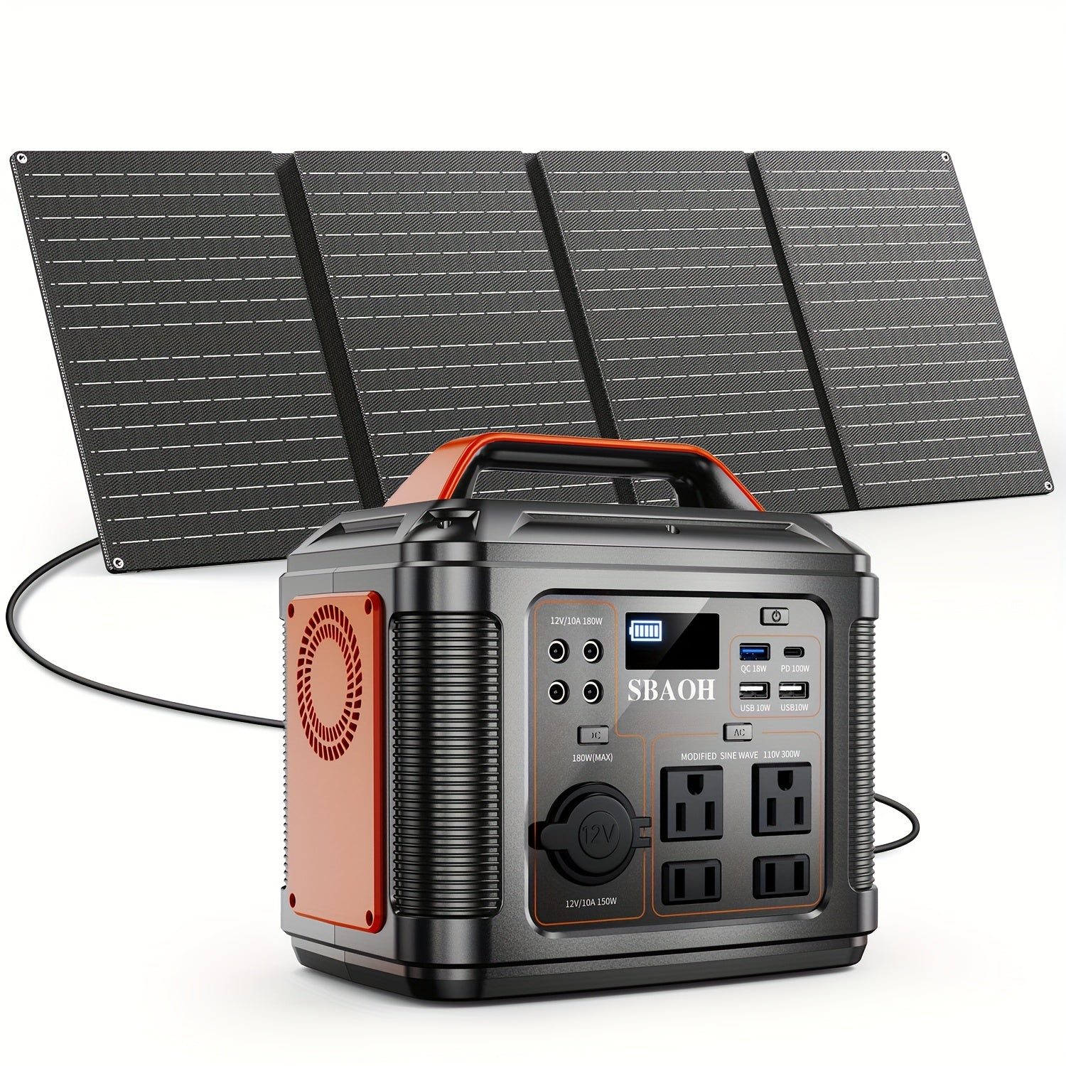 SBAOH 300W Portable Generator 296Wh 8000mAh Solar Generator & 60W Solar Panel with AC & DC Output/Fast Charging/Flashlight/ RV/Emergency Backup/Camping, Orange