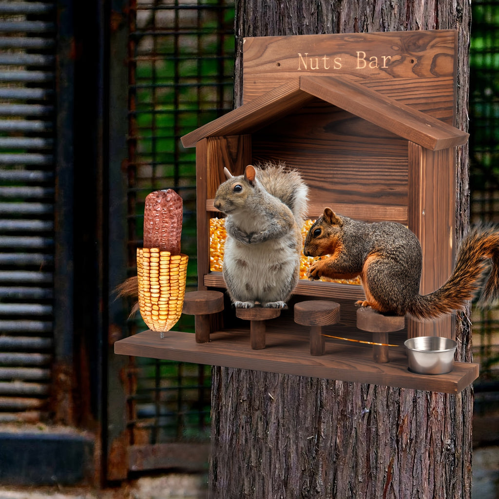 ChezMax Squirrel Feeder Picnic Table, Sturdy Wooden Squirrel House Nut Bar with Stools, Corn Holder and Water Bottle, Large Funny Chipmunk Feeding Station for Outside Squirrels