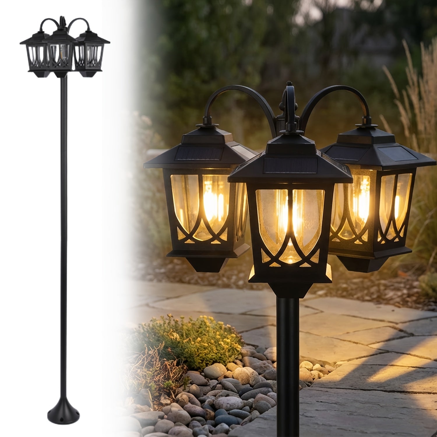 [Mardi Gras, Easter Decor] 3-Headed Solar Powered Outdoor Post Light, 73 Inch Lamp Post With Dusk To Dawn, Waterproof, Outdoor Street Light For Pole Garden Yard Home Mardi Gras, Easter Decor