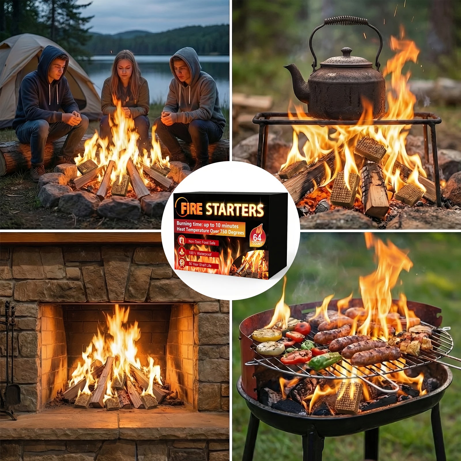 Fire Starter, Easy-Burning Fire Starter Squares for Wood Stoves, Campfires, Grill Pit And Fireplace, Natural & Waterproof BBQ Fire Starters, 64 Mini Square