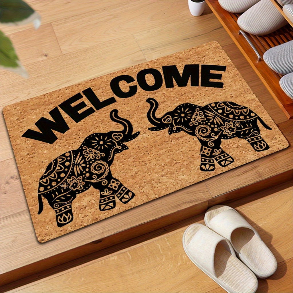 Bohemian Style Elephant Welcome Doormat | Personalized Monogram Kitchen Rug With Anti-Slip Rubber Back, Novelty Gift Mat, 23.7 X 15.9 Inches