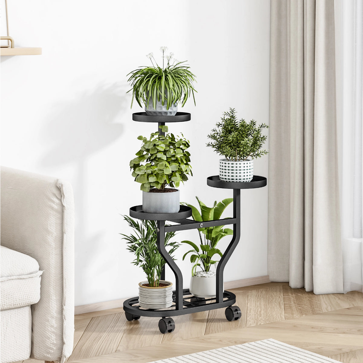 Four-Level Plant Display with Wheels, Metal Rack Suitable for Various Indoor And Outdoor Plants, Corner Shelf for Flowers in Living Rooms And Bedrooms