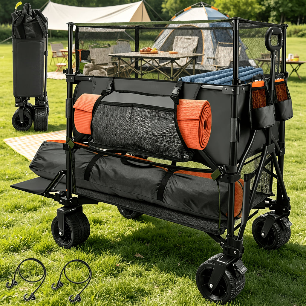 XXL Foldable Double Deck Wagon Cart, 54in Extended Size Collapsible Utility Cart with Tailgate, 8in All-Terrain Large Wheels, Heavy Load Capacity for Camping Beach Sports Grocery