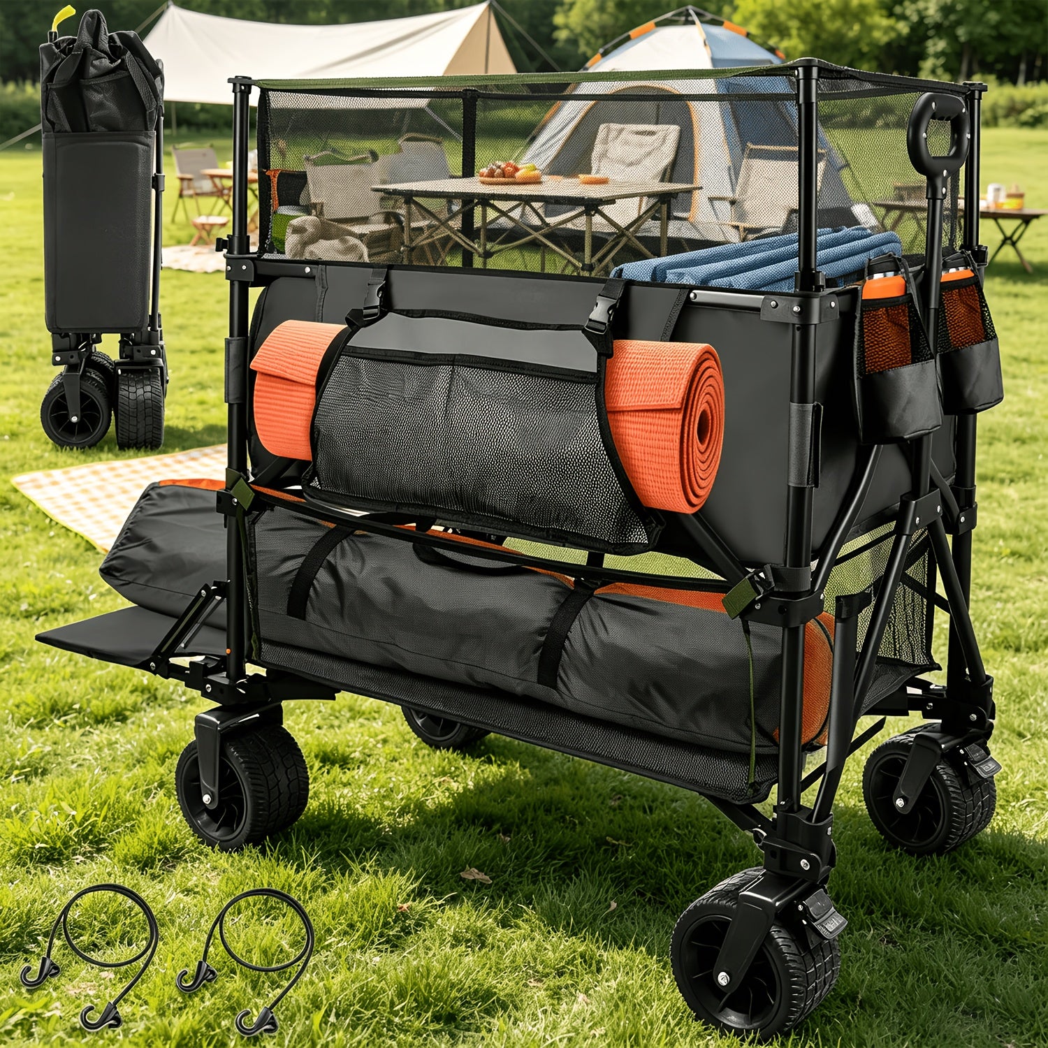 XXL Foldable Double Deck Wagon Cart, 54in Extended Size Collapsible Utility Cart with Tailgate, 8in All-Terrain Large Wheels, Heavy Load Capacity for Camping Beach Sports Grocery