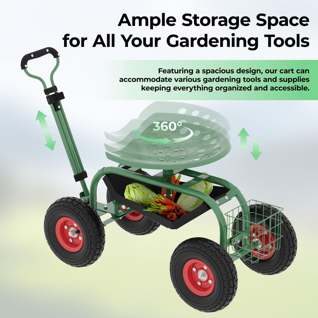 Heavy-Duty Rolling Garden Cart with 360-Degree Swivel Seat on Wheels, Adjustable Steering Handle, And Utility Tool Tray for Planting, Weeding, And Outdoor Gardening Tasks
