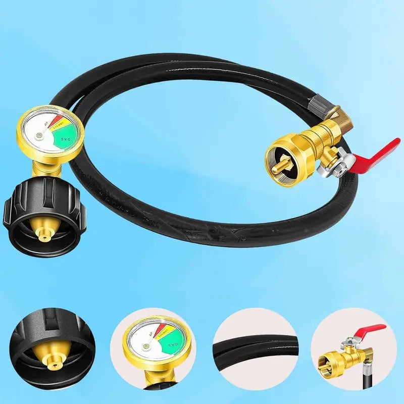 4ft/48'' Propane Refill Adapter Hose with Gauge Propane Tank Refill Adapter Extension Hose for 1LB Propane Gas Tanks with ON/Off Control Valve 1lb Propane Tank Refill Adapter Kit with Safety Shutoff Valve Easily Fill 1lb Bottles from 20lb Tank