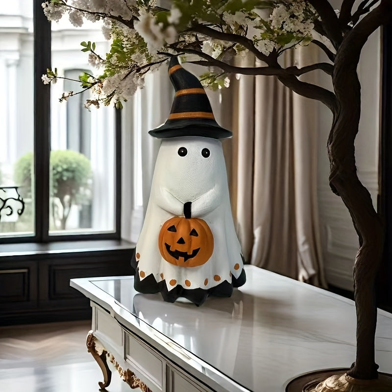 One Whimsical Halloween Statue Featuring a Witch Hat And a Pumpkin, Made of Durable Resin, Ideal for Decorating Your Home And Garden During The Festive Season