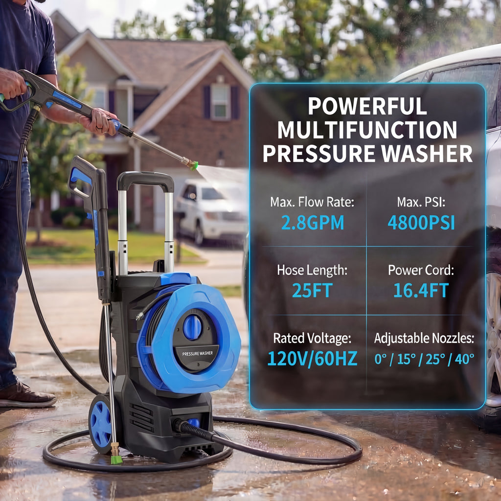 Electric Pressure Washer with 25FT Hose, 4 Nozzles And Foam Cannon - 4800PSI MAX 2.6 GPM Power Washer for Cars, Fences, Patio - US Plug, Metal Construction, Fence Cleaning | Robust Outdoor Tool, Pressure Washer Additions, Blue And Yellow